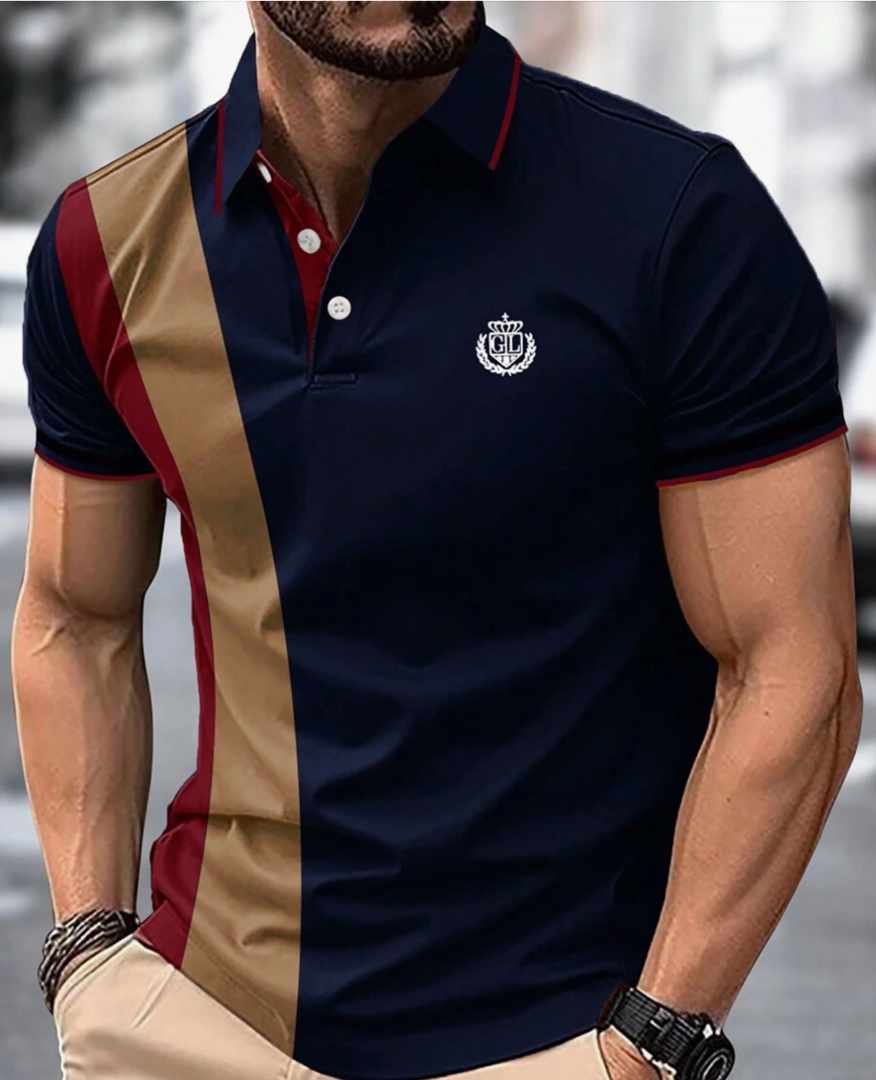 Polo Ajusté à Blocs de Couleurs pour Homme – Style Business Casual, Manches Courtes et Écusson Brodé