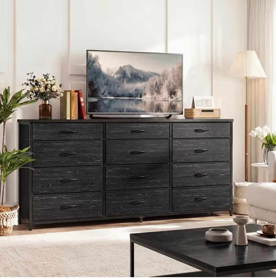 Commode de rangement à 12 tiroirs avec grand plateau noir – Meuble TV
