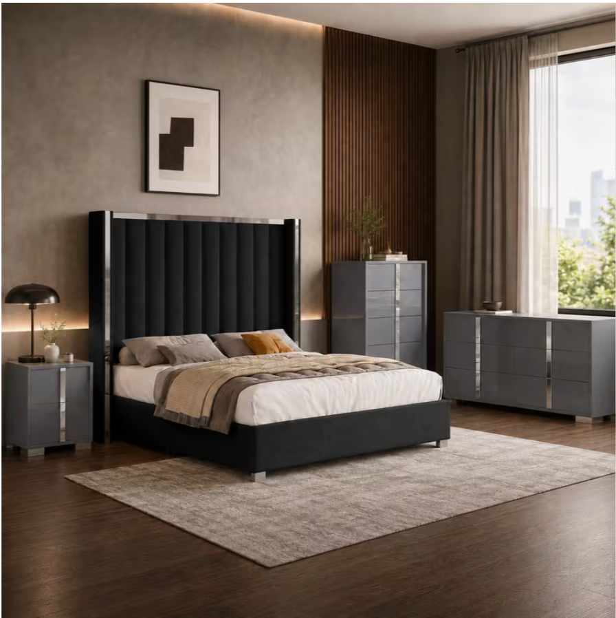 lit-plateforme rembourré en velours noir AMERLIFE