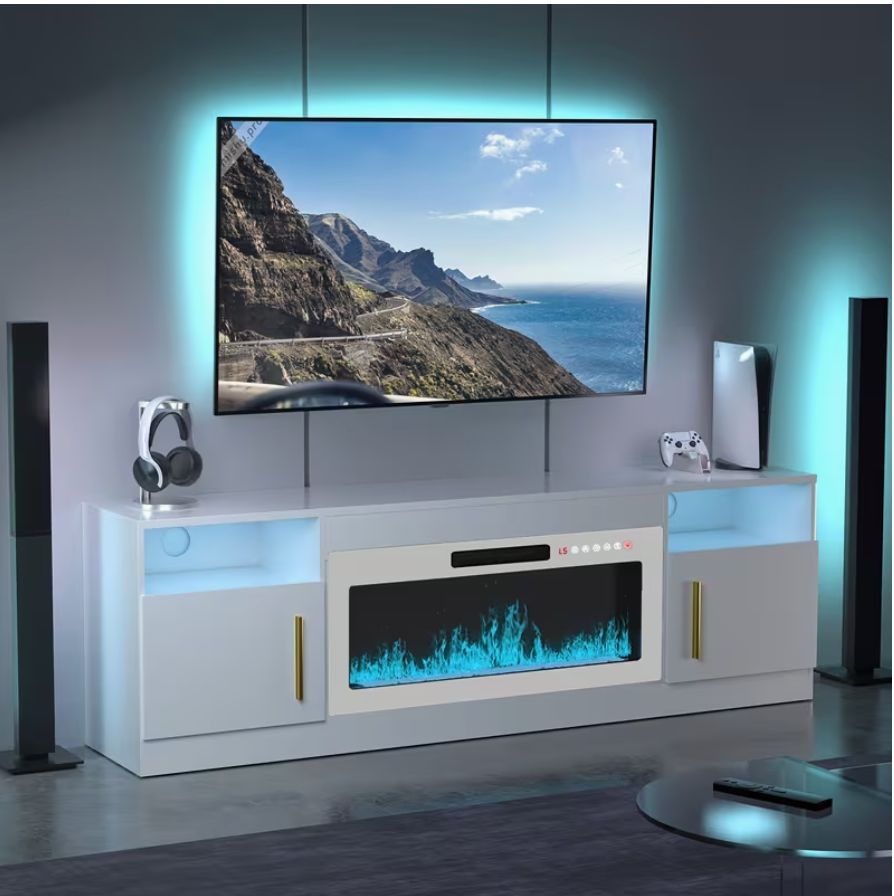 meuble TV avec cheminée électrique intégrée et éclairage LED