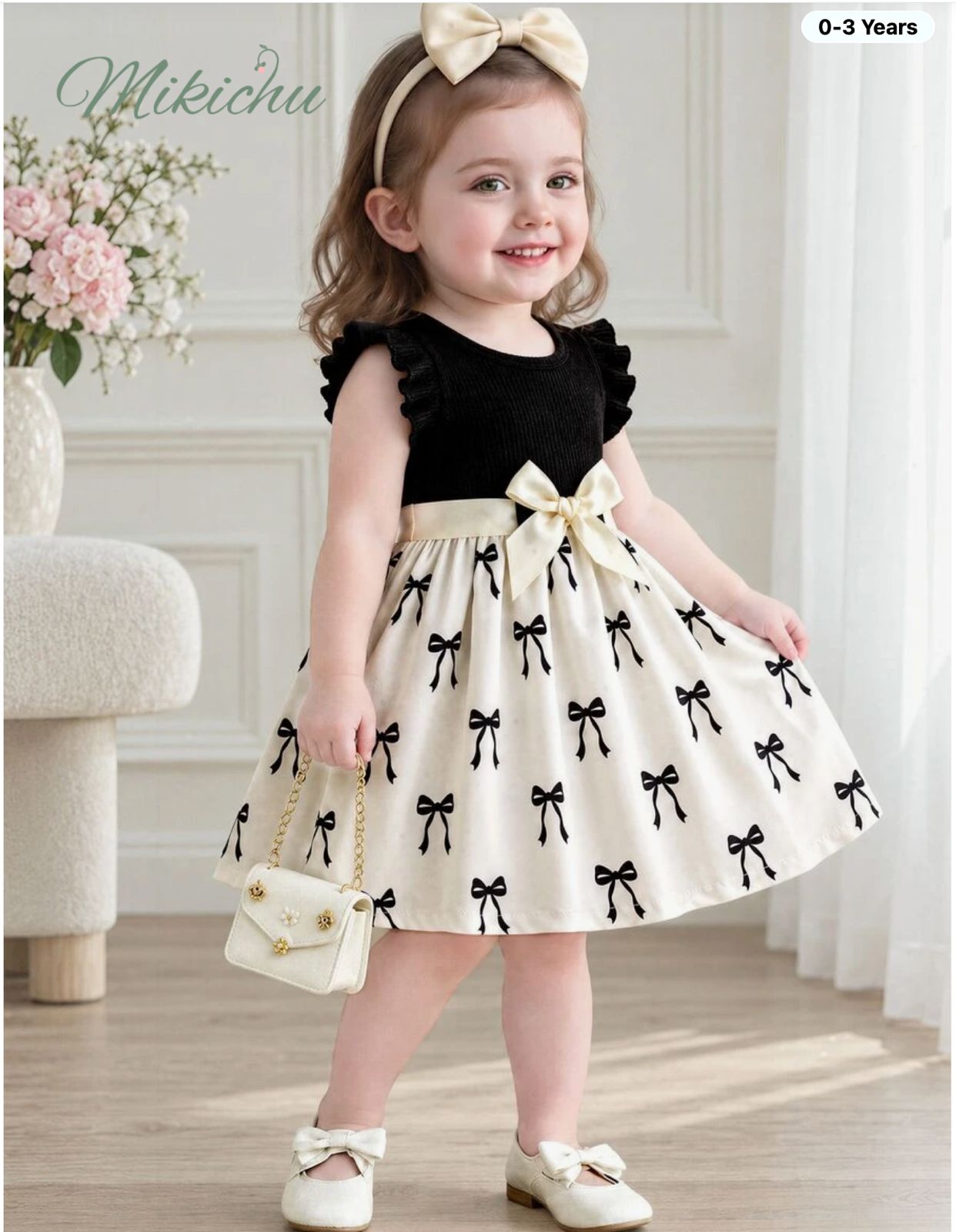 Robe d’été chic pour bébé et petite fille (0-3 ans) – Noir et blanc cassé à motifs nœuds papillons