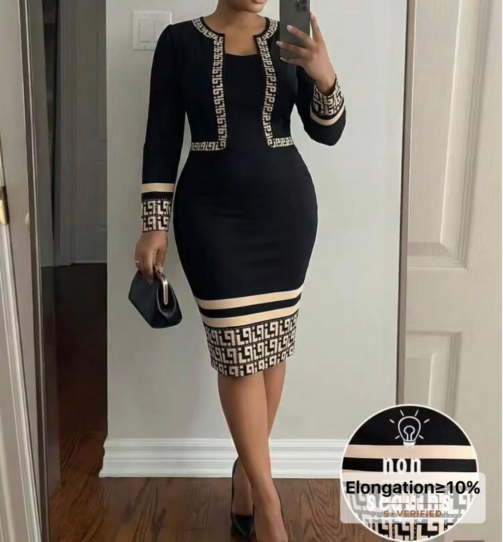 Robe fourreau ajustée noire à imprimé géométrique et liseré beige