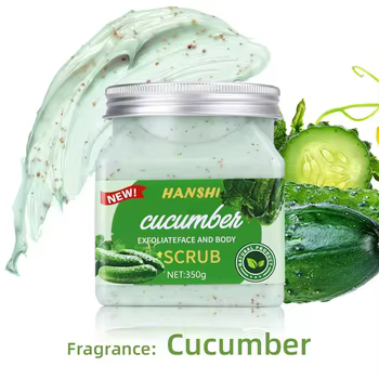 The scrub, likely named Hanshi, is a body exfoliant featuring cucumber, which gently eliminates dead skin cells and impurities, leaving skin smooth, soft, and refreshed. The inclusion of hydrating elements in the formula moisturizes the skin while its exfoliating action helps unclog pores, leading t
