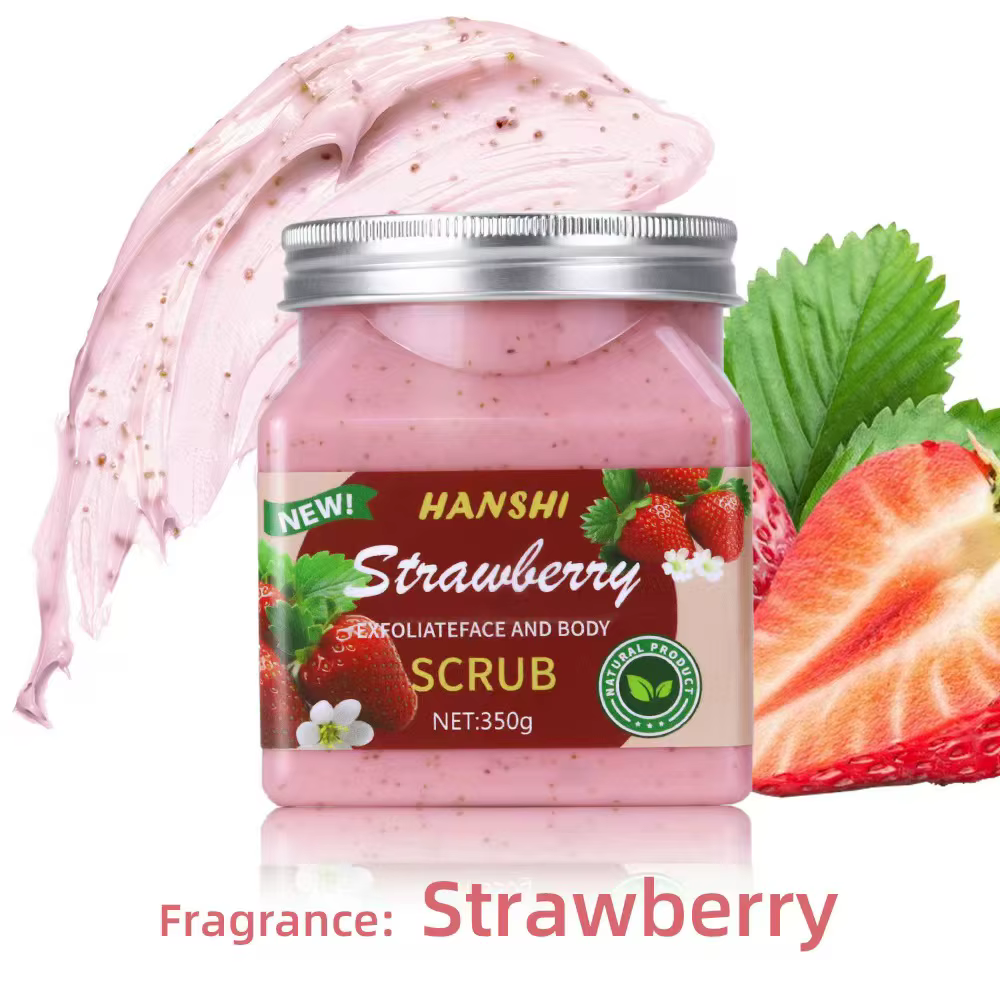 Un "scrub" (gommage corps) « Strawberry » de la marque Hanshi est un produit exfoliant qui utilise les propriétés des fraises pour éliminer les cellules mortes, améliorer la texture de la peau et lui redonner douceur et éclat, souvent grâce à des ingrédients naturels comme le sucre ou d'autres huile