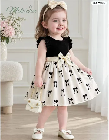 Robe d’été chic pour bébé et petite fille (0-3 ans) – Noir et blanc cassé à motifs nœuds papillons