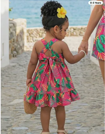 Robe d'été bébé fille à fleurs tropicales avec détails de nœud.