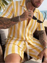 Ensemble homme chemise et short à rayures noires et blanches en maille — miniature 2