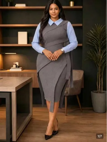 Robe mi-longue droite bicolore à col chemise et plis drapés à la taille