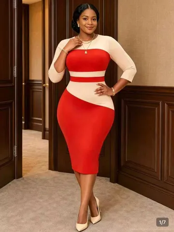 Robe Crayon Ajustée en Colorblock pour Femme avec Encolure Ronde