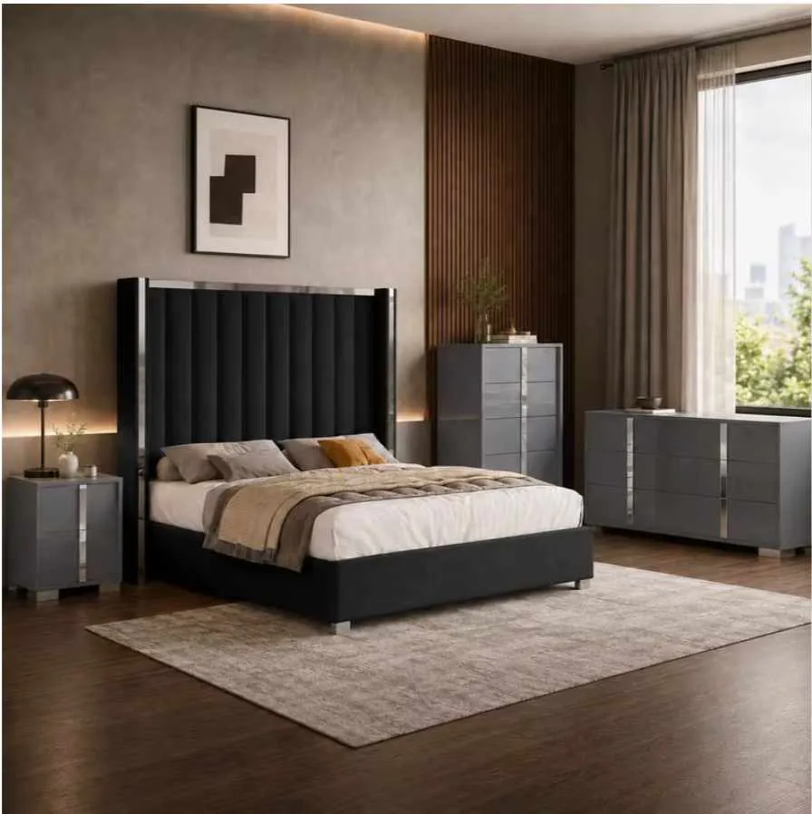 lit-plateforme rembourré en velours noir AMERLIFE