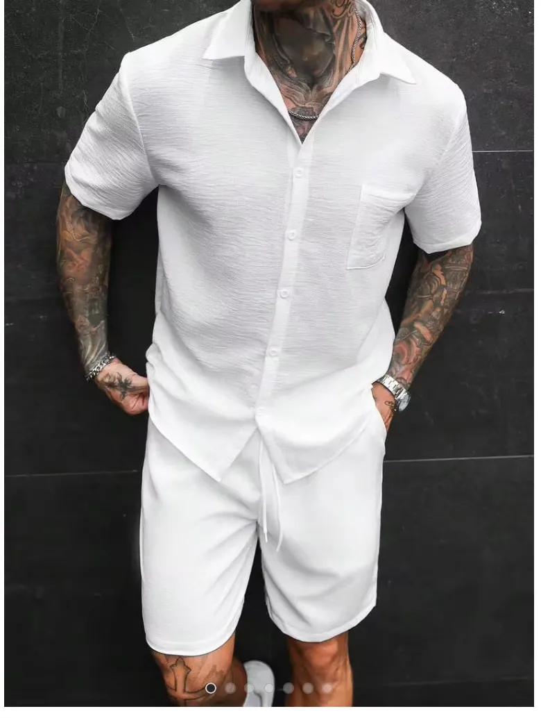 Ensemble homme chemise et short blanc uni texturé