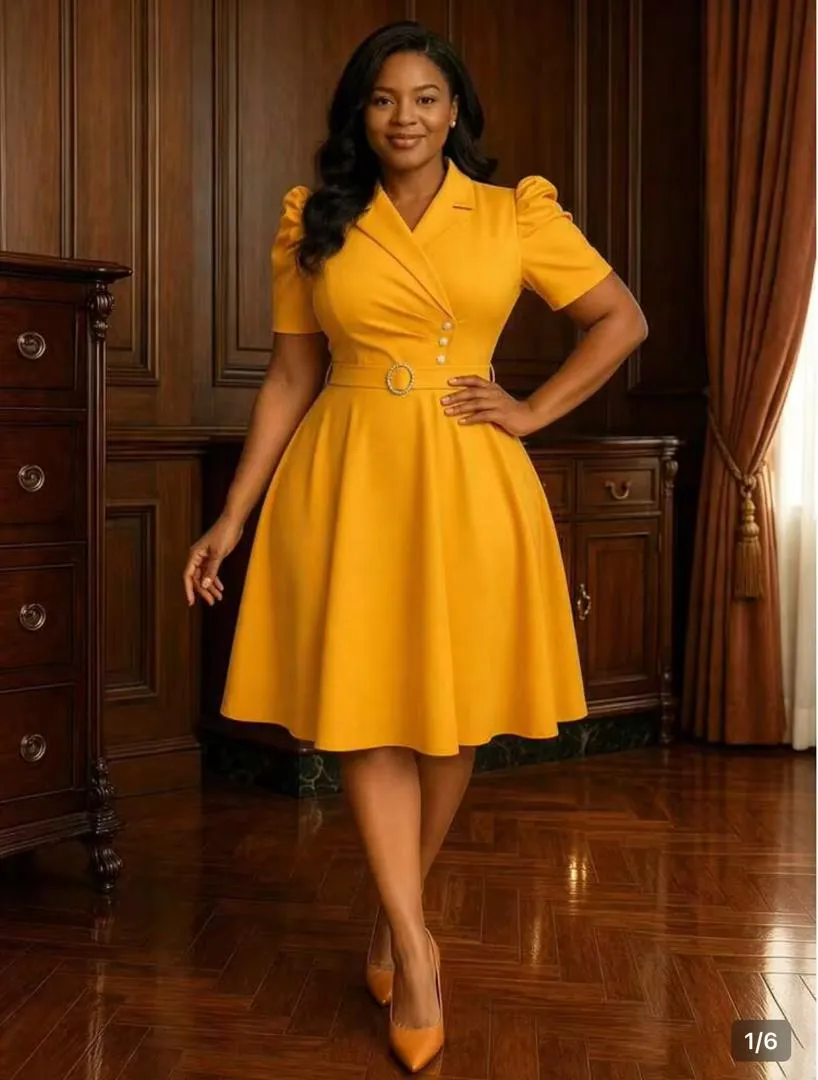 Robe midi élégante pour femme à manches gigot, col à revers et ceinture