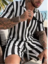Ensemble homme chemise et short à rayures noires et blanches en maille — miniature 1