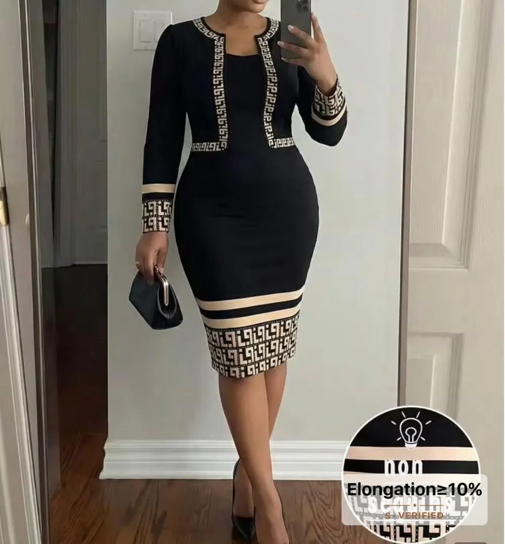 Robe fourreau ajustée noire à imprimé géométrique et liseré beige
