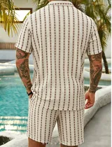 Ensemble homme chemise et short beige à rayures géométriques marron — miniature 2