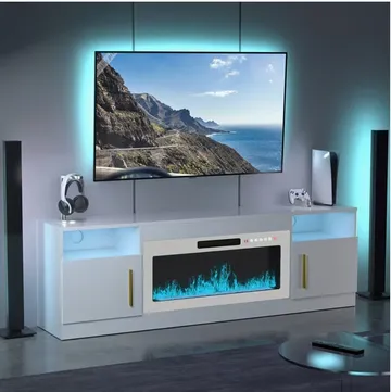 meuble TV avec cheminée électrique intégrée et éclairage LED