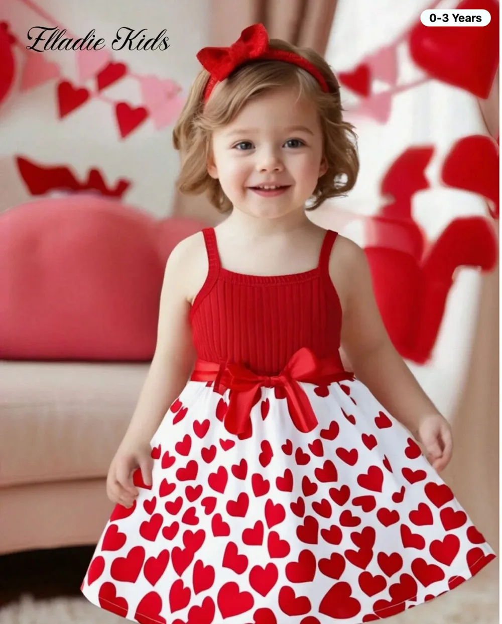 Elladie Kids – Robe d'été à bretelles pour bébé fille avec haut côtelé rouge et jupe à imprimé cœurs à volants