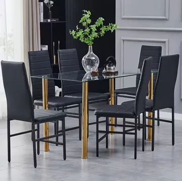 Ensemble de salle à manger moderne avec table en verre trempé et chaises en similicuir noir