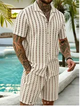 Ensemble homme chemise et short beige à rayures géométriques marron — miniature 3