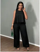 Ensemble chic deux pièces noir pour femme – Haut sans manches et pantalon large — miniature 2